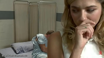Handcuffed arrested injured man Mr Pete tricks and ties sexy naive blond nurse Lia Lor then rough fucks her in bed in the hospital